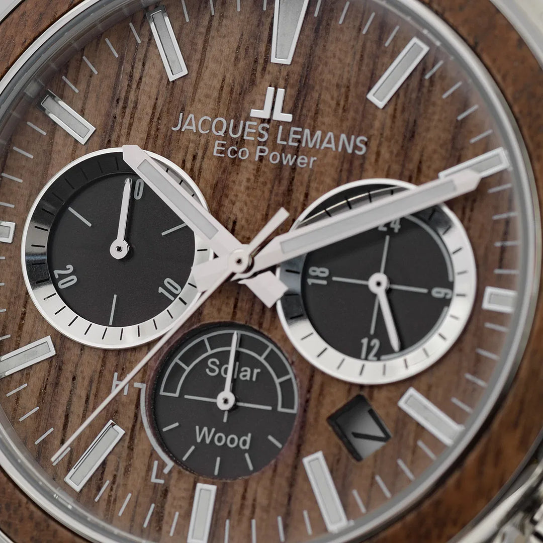 Jacques Lemans Eco Power 1-2115J - Herren Solaruhr 44mm Holz-Design