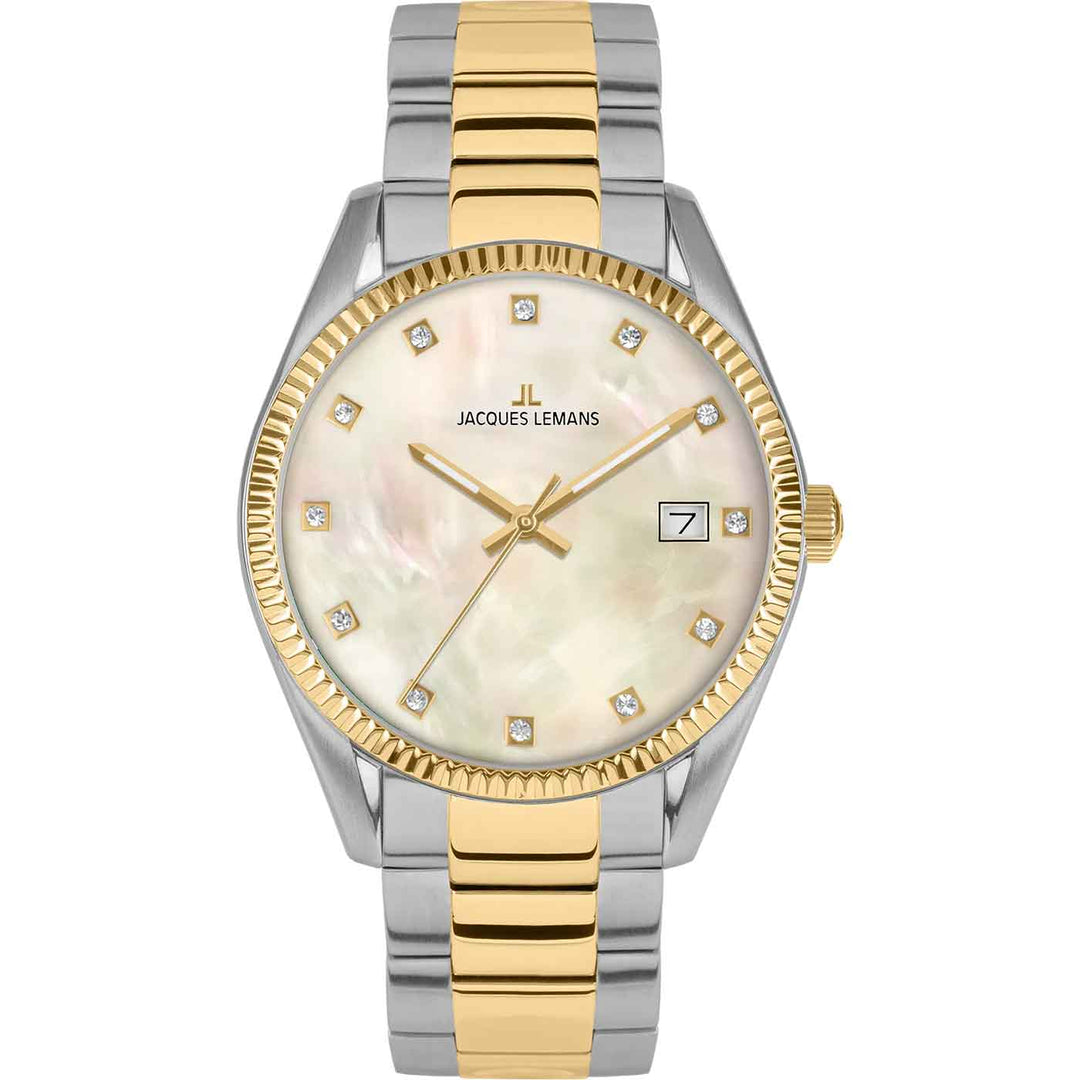 Jacques Lemans Derby 50-4L - Elegante Damen Quarzuhr IP-Gold Bicolor mit Perlmutt