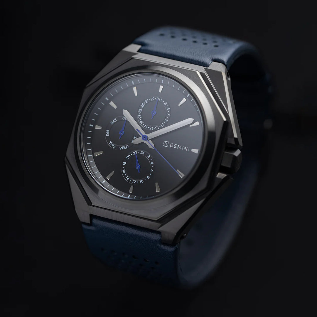 Gemini Herrenuhr Edelstahl Dark Blue Lederarmband